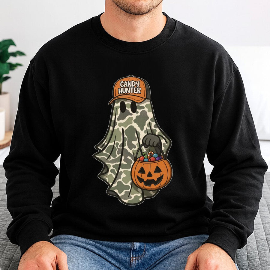 Candy Hunter Ghost Sweatshirt | Camo Pattern Halloween Graphic | Premium Cotton-Blend Pullover | Funny Spooky Season Gift For Him And Her