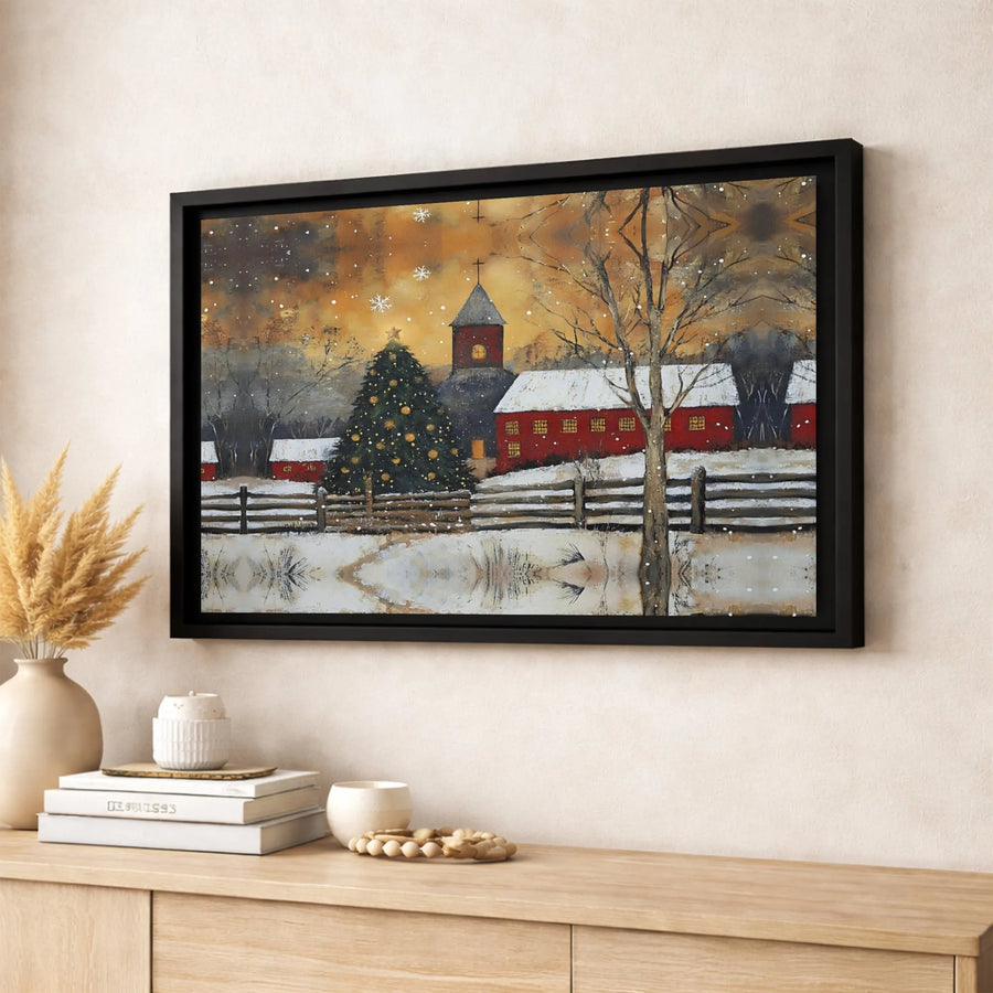 Winter Christmas Village Canvas Wall Art | Snowy Red Church Landscape | Premium Gallery-Wrapped Print | Festive Holiday Home Decor