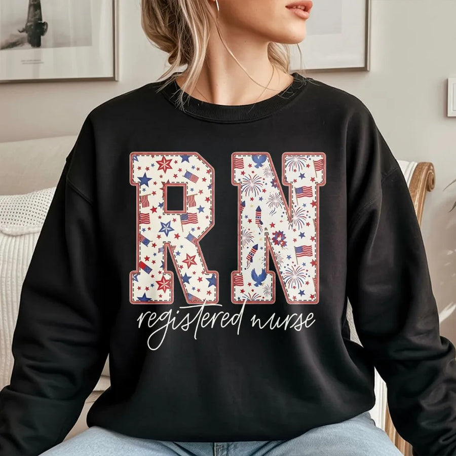 Patriotic RN Sweatshirt | USA Flag Fireworks Graphic Tee | Soft Cotton Shirt | Gift for Registered Nurse