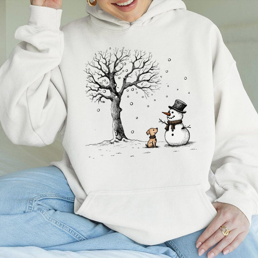 Snowman And Puppy Hoodie | Cute Winter Wonderland Graphic | Cotton-Poly Blend Premium Comfort | Festive Christmas Gift For Dog Lovers