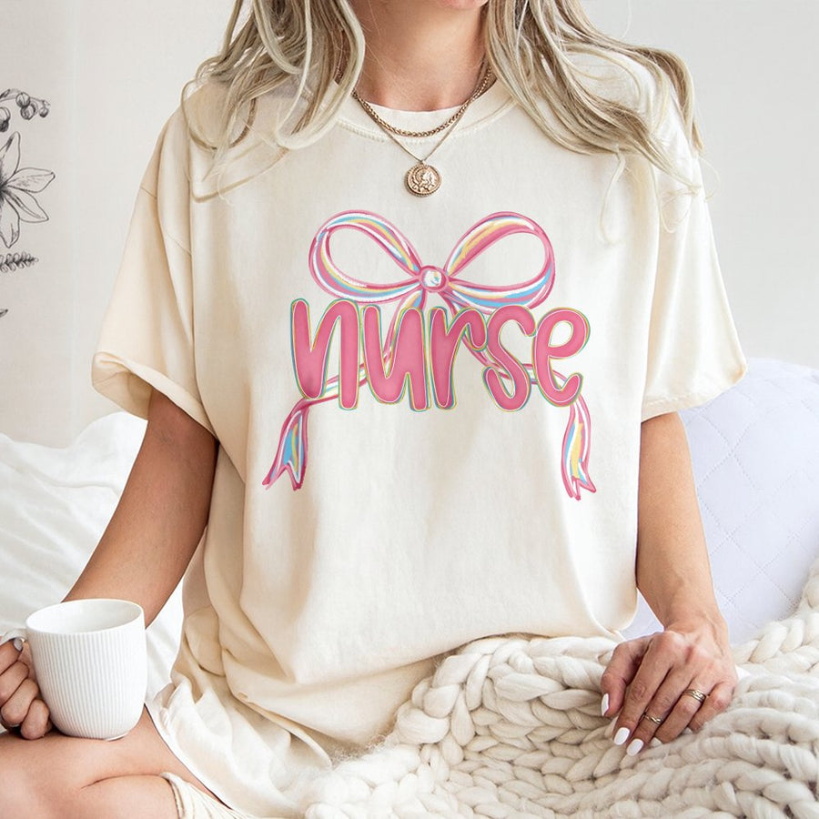 Nurse Coquette Bow T-Shirt | Preppy Aesthetic Pink Nursing Graphic Tee | 100% Cotton Premium Quality | Nurse Appreciation Gift for Her