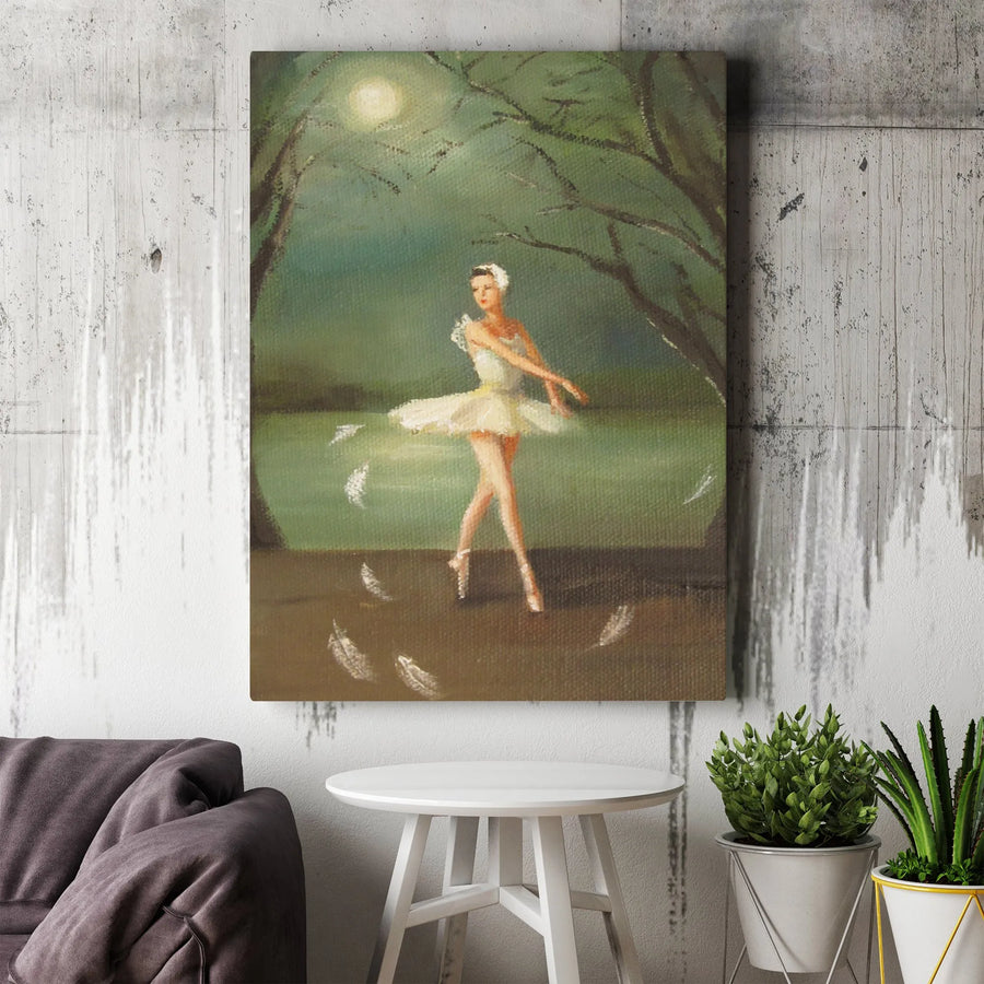 Ballerina Canvas Wall Art | Moonlit Swan Lake Dance Painting | Premium Gallery Wrapped Canvas | Gift for Dancers & Home Decor