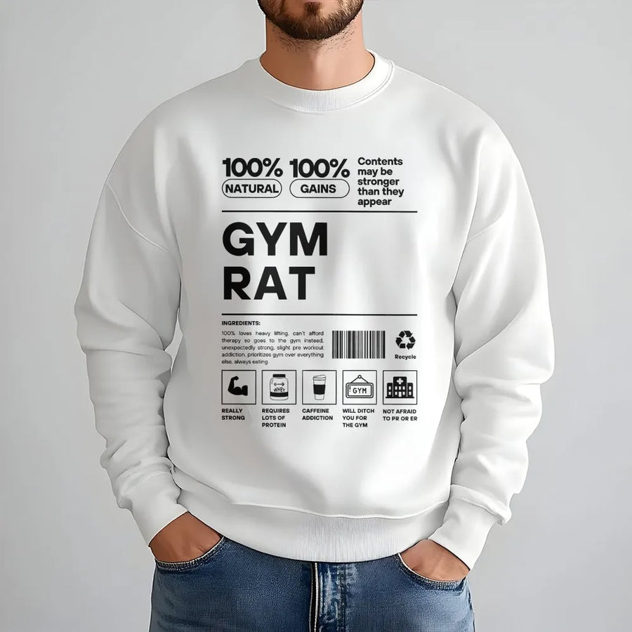 Gym Rat Sweatshirt | Funny Nutrition Facts Workout Design | Premium Cotton Blend | Gift for Bodybuilder or Weightlifter