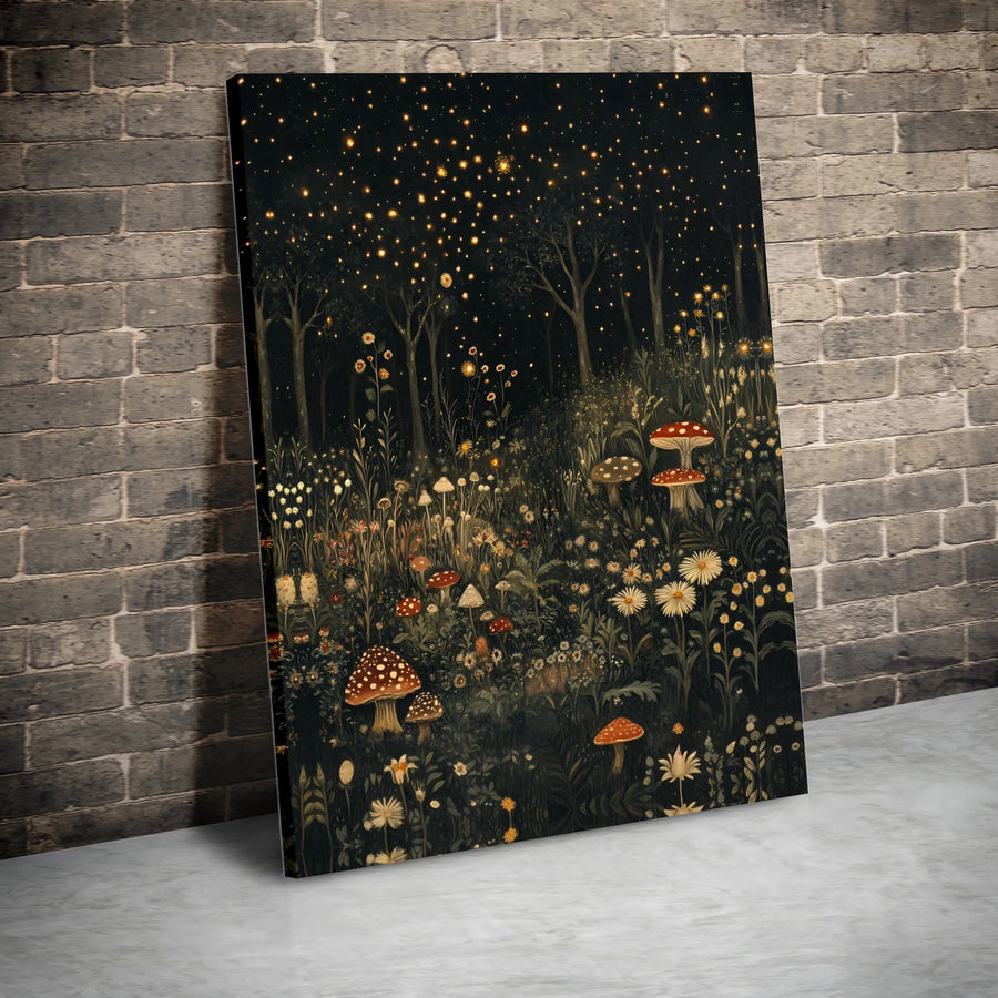 Enchanted Mushroom Forest Canvas Print | Starry Night Mushroom & Wildflower Meadow | Premium Fade-Resistant Print | Cottagecore Home Decor Gift