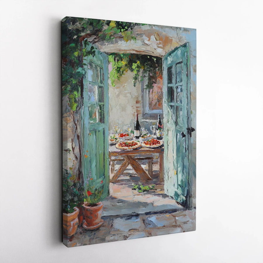 Italian Patio Wall Art | Pizza and Wine Bistro Painting | Gallery Wrapped Canvas Print | Tuscan Kitchen Decor for Dining Room