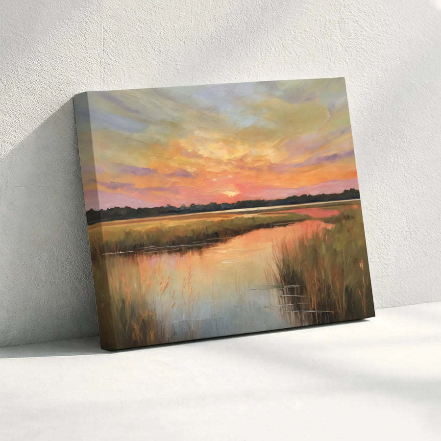 Sunset Marsh Canvas Wall Art | Impressionist Coastal Landscape Painting | Premium Gallery Wrapped Canvas | Serene Nature Art for Living Room Decor