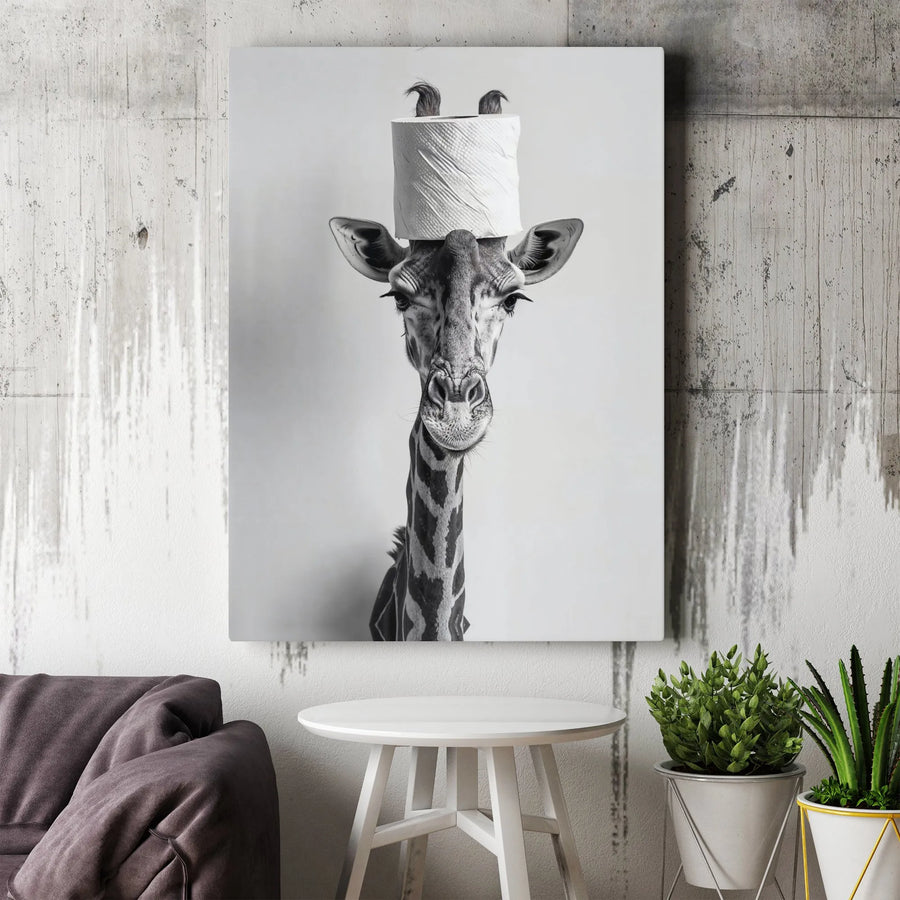 Funny Giraffe Canvas Wall Art | Toilet Paper Head Portrait | Premium Gallery Wrap Print | Whimsical Bathroom Decor & Unique Gift for Animal Lovers