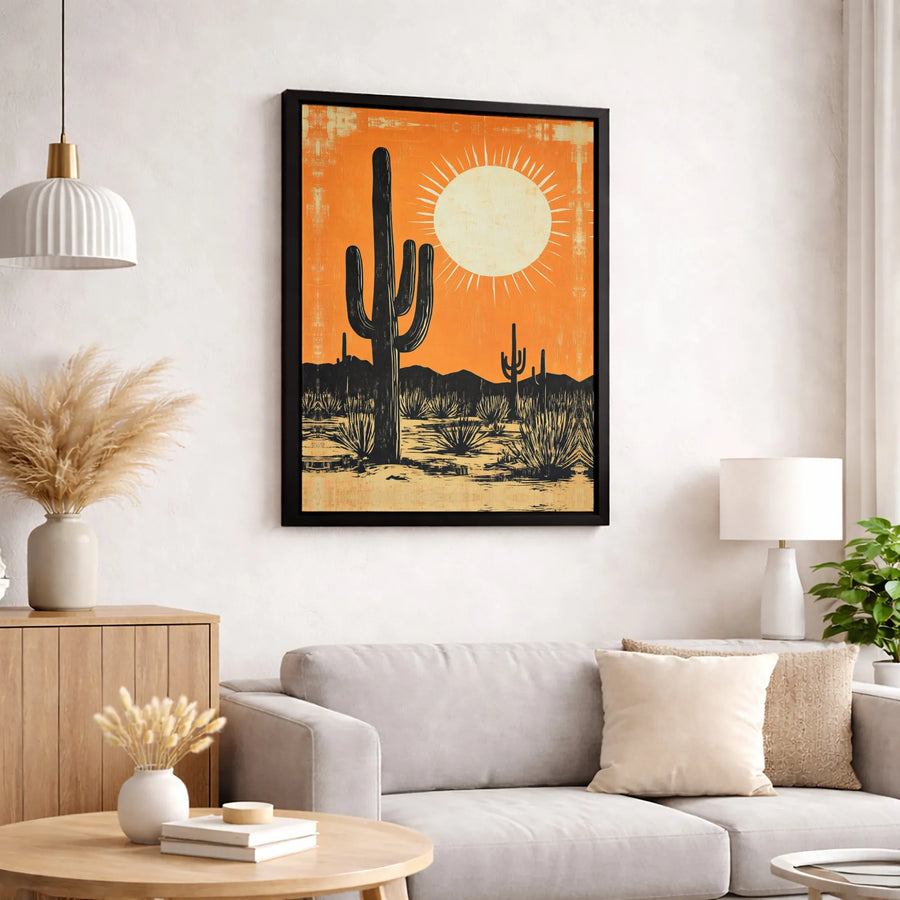 Desert Saguaro Cactus Canvas Wall Art | Mid Century Modern Sun Landscape | Premium Fade-Resistant Print | Southwestern Home Decor Gift