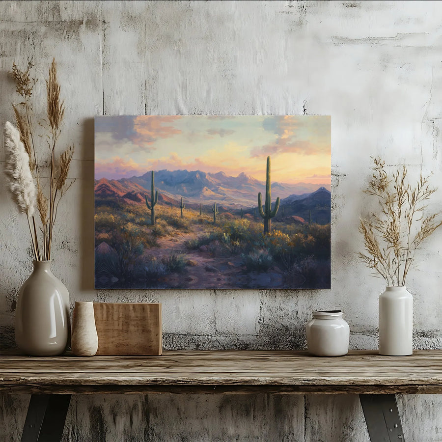 Desert Sunset Canvas Wall Art | Saguaro Cactus Landscape Painting | Premium Gallery Wrapped Print | Southwestern Home Decor Gift for Nature Lover