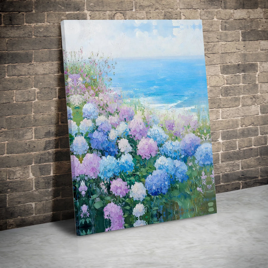 Coastal Hydrangea Canvas Wall Art | Impressionist Ocean View Painting | Premium Gallery Wrapped Canvas | Living Room & Bedroom Decor Gift