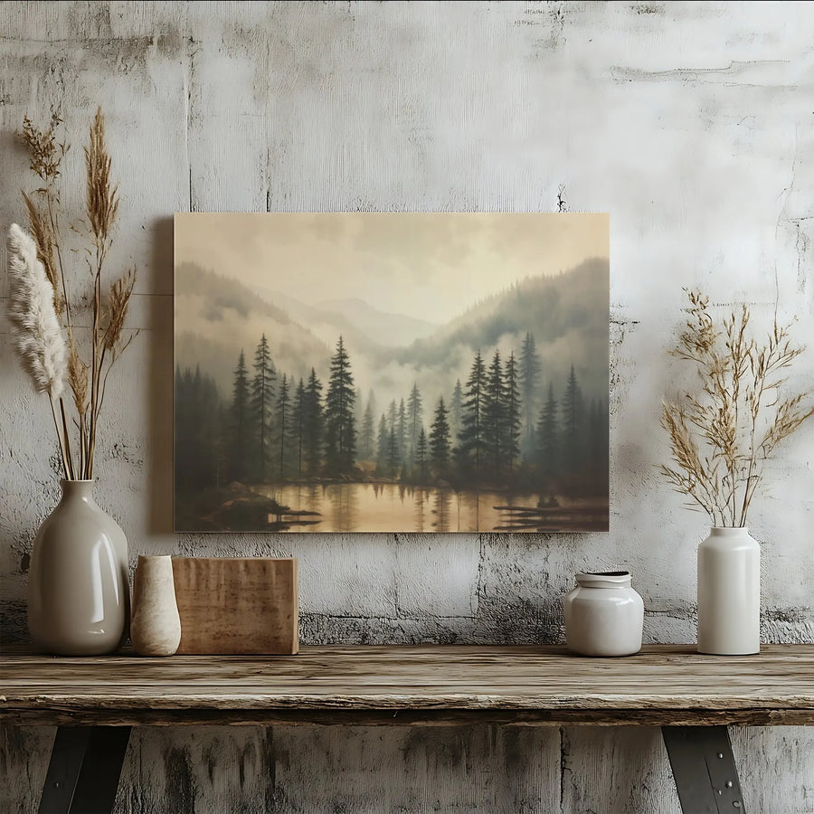 Misty Pine Forest Wall Art | Moody Mountain Lake Landscape Print | Premium 1.25” Gallery Wrap Canvas | Modern Nature Home Decor