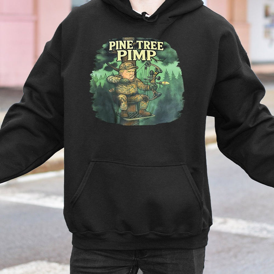 Pine Tree Pimp Hoodie | Funny Deer Hunting Graphic | Premium Cotton Blend | Gift for Bow Hunters & Outdoorsmen