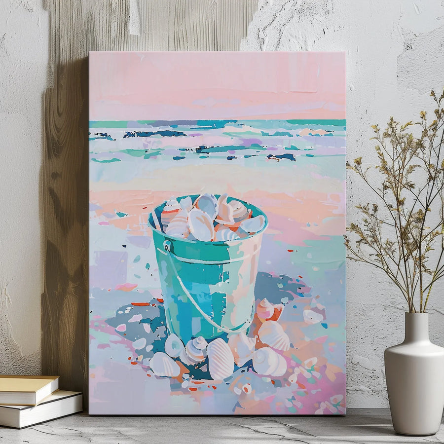 Seashell Bucket Canvas Wall Art | Pastel Beach Coastal Decor | Premium Gallery Wrap Print | Summer Seaside Home Accent for Bedroom or Bathroom