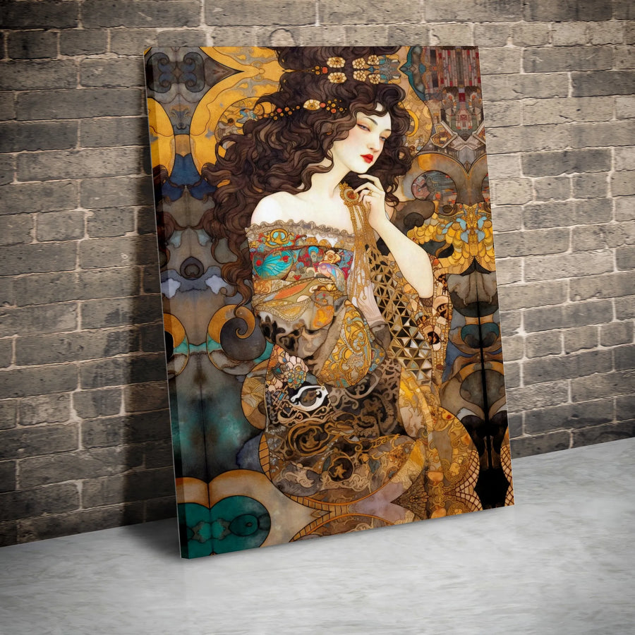 Art Nouveau Woman Portrait Canvas | Elegant Gold Floral Wall Art | Premium Gallery Wrapped Print | Sophisticated Home Decor Gift