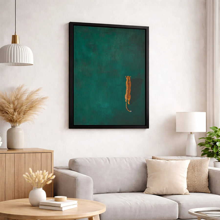 Cheetah Wall Art | Minimalist Leopard Decor On Dark Green Background | Premium Gallery Wrap Canvas | Modern Safari Home Gift