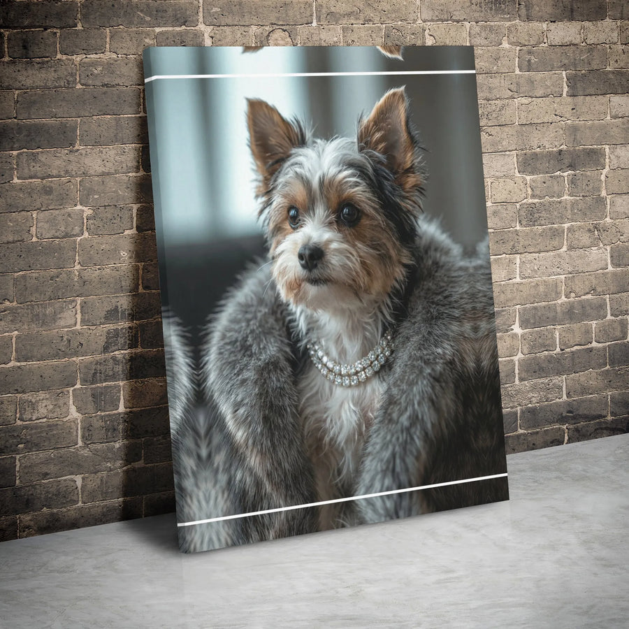 Yorkie Dog Canvas Wall Art | Posh Yorkshire Terrier in Fur Coat Portrait | Premium Gallery Wrap Decor | Gift for Dog Lovers