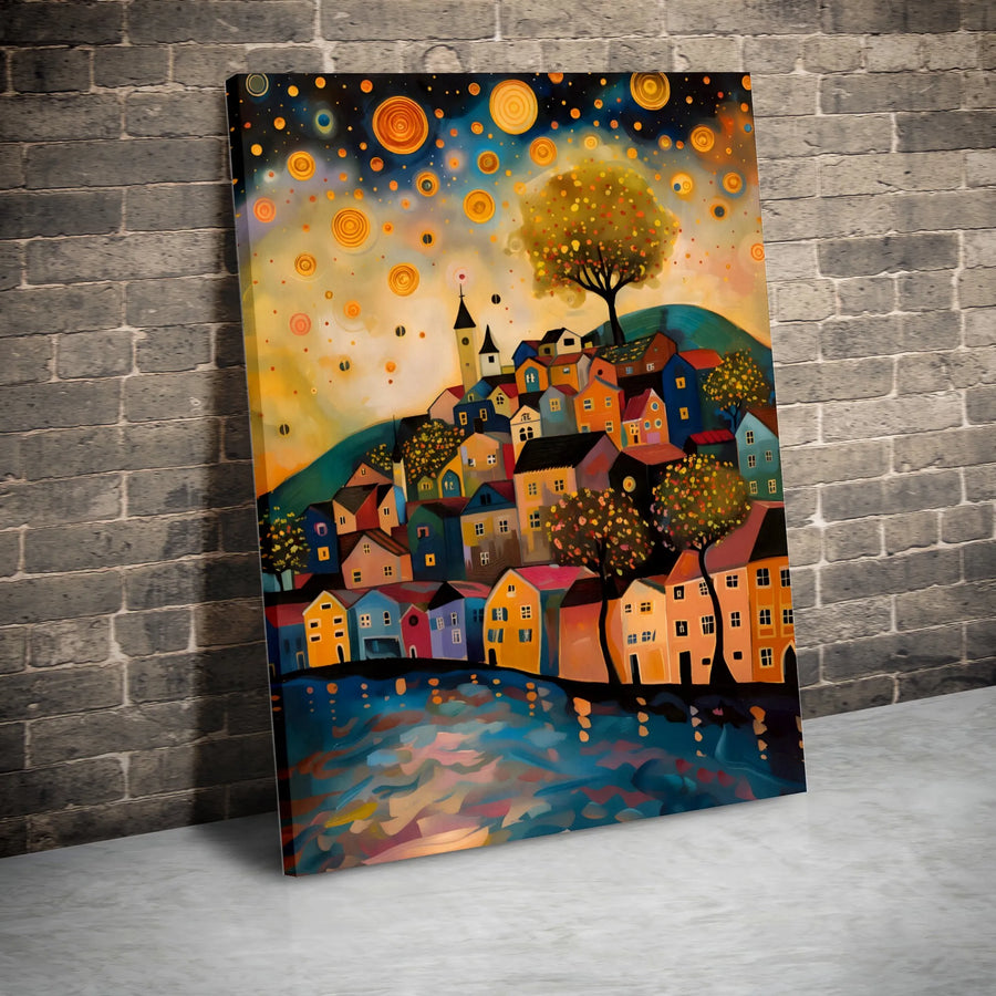 Whimsical Hillside Village Canvas Art | Night Sky Abstract Print | Premium Fade-Resistant Decor | Colorful Modern Wall Art for Home