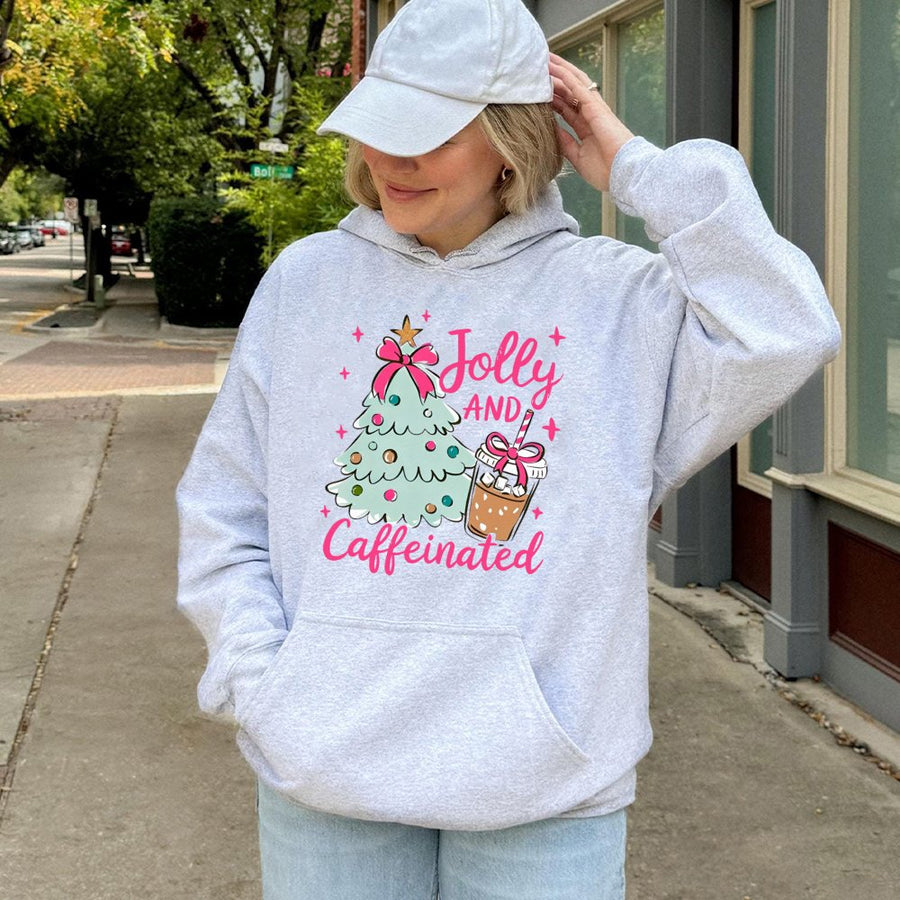 Jolly and Caffeinated Hoodie | Christmas Coffee Lover Graphic Sweatshirt | Premium Cotton-Poly Blend | Cozy Holiday Gift for Coffee Addicts