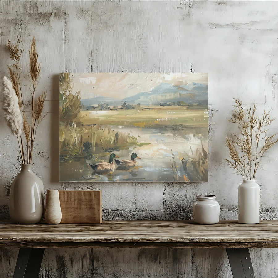 Mallard Ducks Pond Canvas Art | Impressionist Wildlife Landscape Painting | 1.25-Inch Gallery Wrap Print | Nature Lover Home Decor Gift