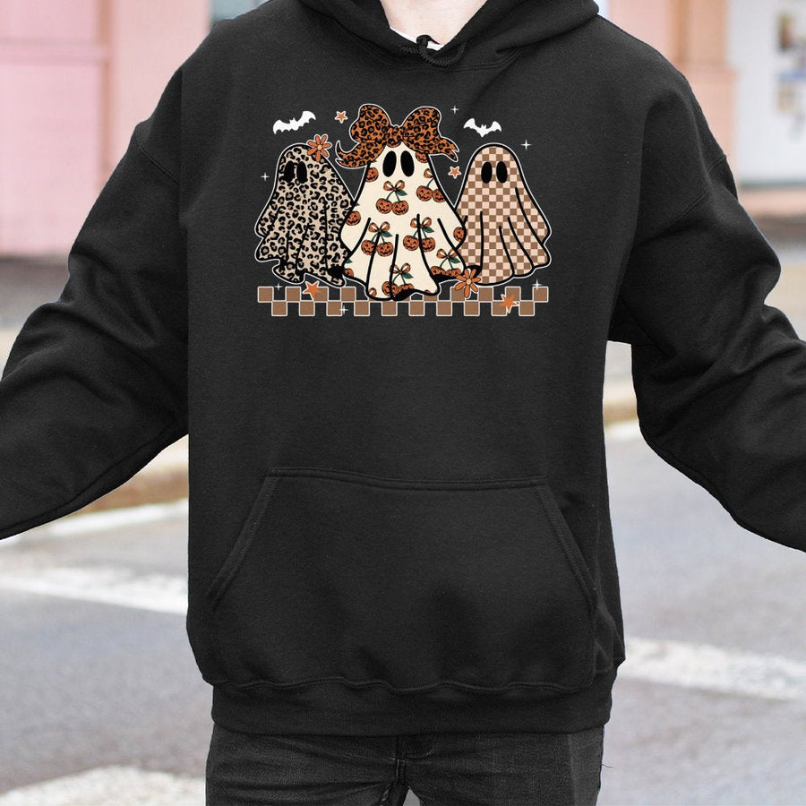 Cute Ghost Hoodie | Preppy Leopard Print Halloween Design | Premium Cotton Blend Sweatshirt | Spooky Season Gift For Her
