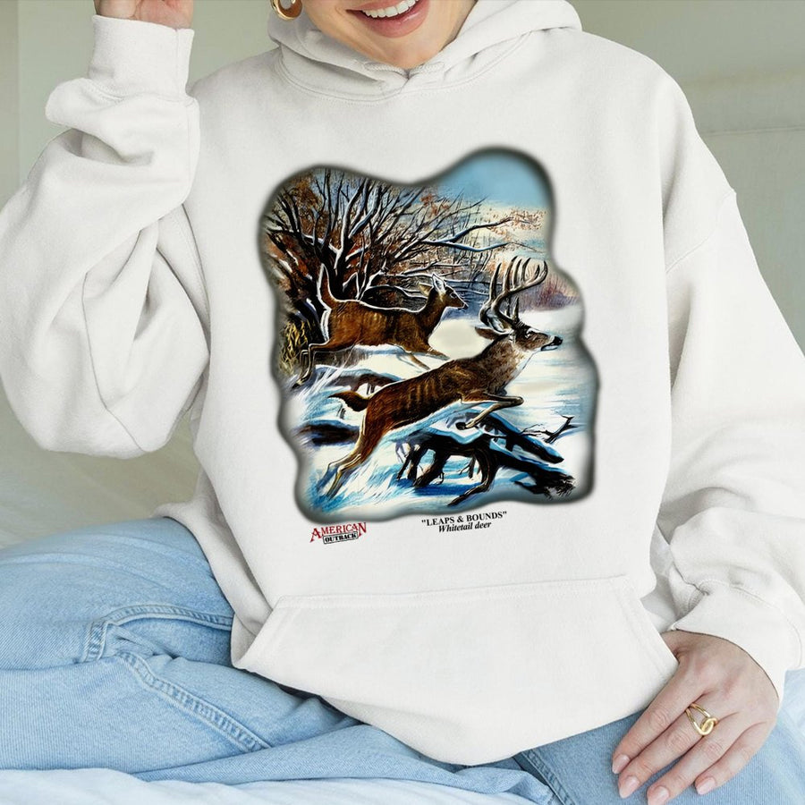 Whitetail Deer Hoodie | Leaping Bucks Nature Graphic | Premium Cotton Blend Sweatshirt | Wildlife Lover Gift For Hunters