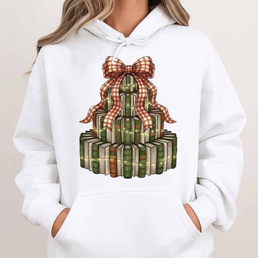 Christmas Book Tree Hoodie | Festive Library Stack Graphic | Premium Cotton Blend Cozy Sweatshirt | Gift for Librarian Teacher Reader