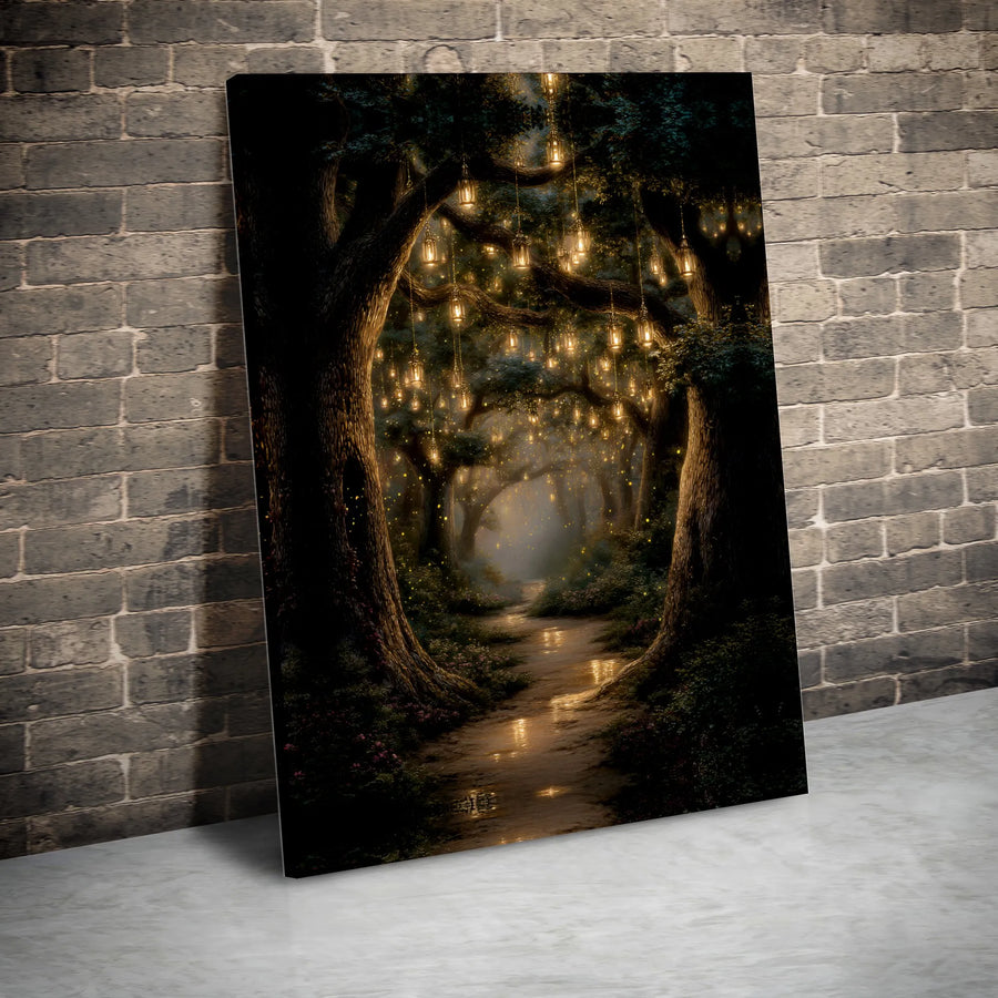 Enchanted Forest Canvas Wall Art | Fairy Tale Path With Hanging Lanterns | Premium Gallery Wrapped Print | Whimsical Nature Home Decor Gift