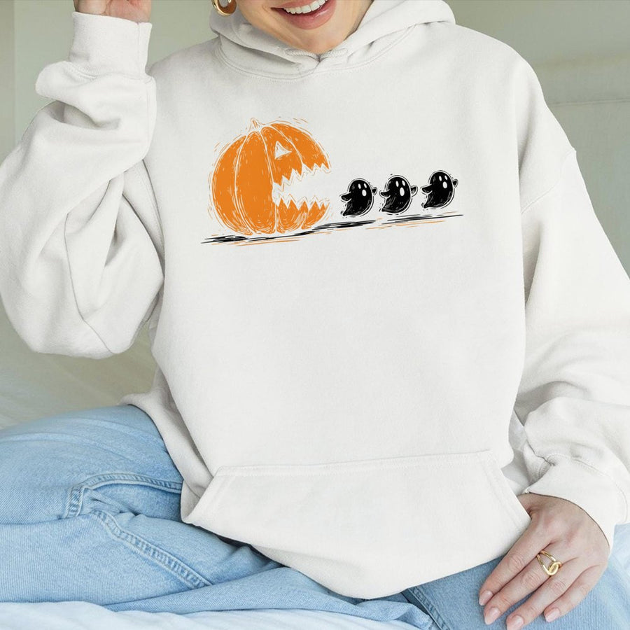 Halloween Pumpkin Ghost Hoodie | Retro Arcade Game Parody | Premium Cotton Blend | Funny Spooky Graphic Sweatshirt Gift for Gamers