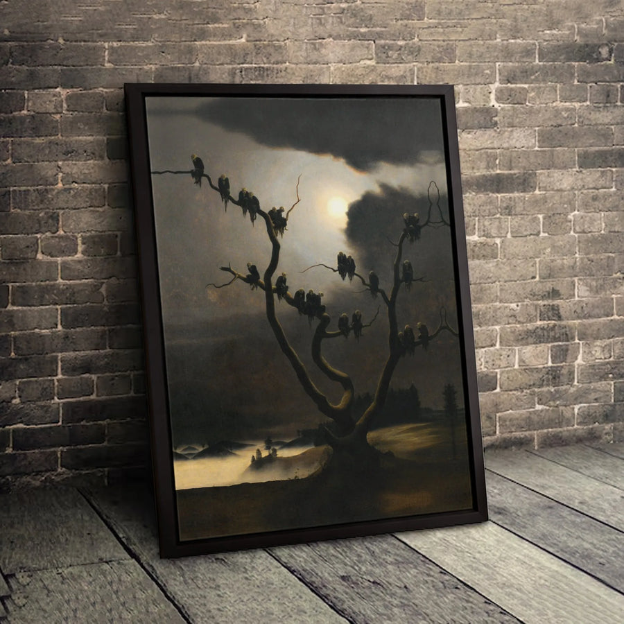 Gothic Moonlit Tree Canvas Print | Eerie Bird Silhouette Wall Art | Premium 1.25-Inch Framed Gallery Wrap | Dark Academia Home Decor