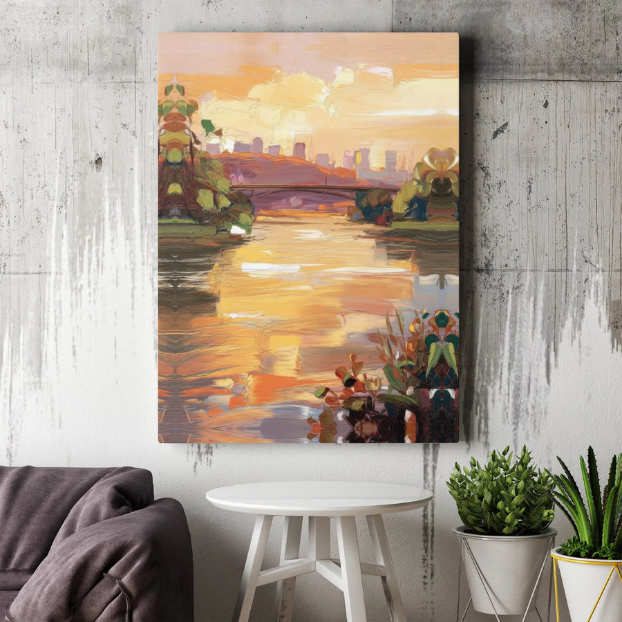 Abstract Sunset Cityscape Canvas Wall Art | Warm River Bridge Landscape | Premium Fade-Resistant Gallery Print | Modern Home & Office Decor