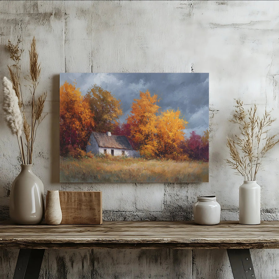 Autumn Landscape Horizontal Canvas | Cozy Rustic Cottage & Golden Fall Trees Art | Premium 1.25 Inch Gallery Wrap | Warm Farmhouse Wall Decor Gift