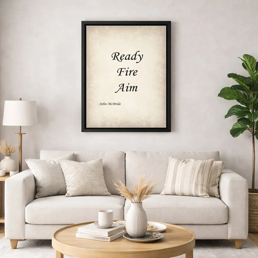 Ready Fire Aim Quote Canvas | Minimalist Typography Wall Art | Premium Fade-Resistant Print | Motivational Office Decor For Entrepreneurs