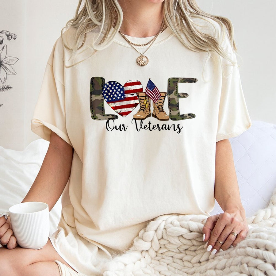 Love Our Veterans T-Shirt | Patriotic American Flag Camo Military Graphic | 100% Cotton Unisex Tee | Gift for Soldiers & Military Families