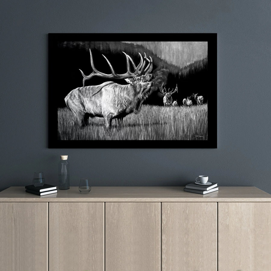 Bugling Bull Elk Canvas Wall Art | Monochrome Charcoal Wildlife Sketch | Premium Gallery Wrap Print | Rustic Cabin Decor Gift