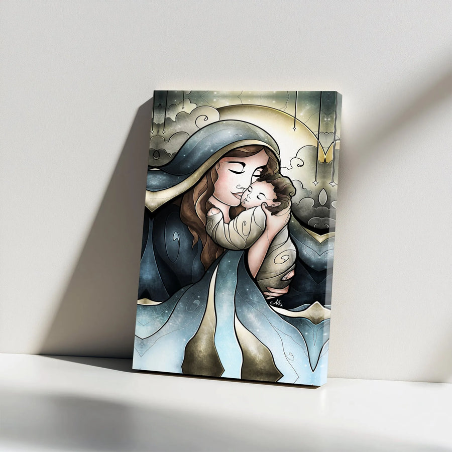 Virgin Mary and Baby Jesus Canvas Wall Art | Stylized Stained Glass Effect Religious Print | Premium Gallery Wrap Decor | Catholic Home Gift