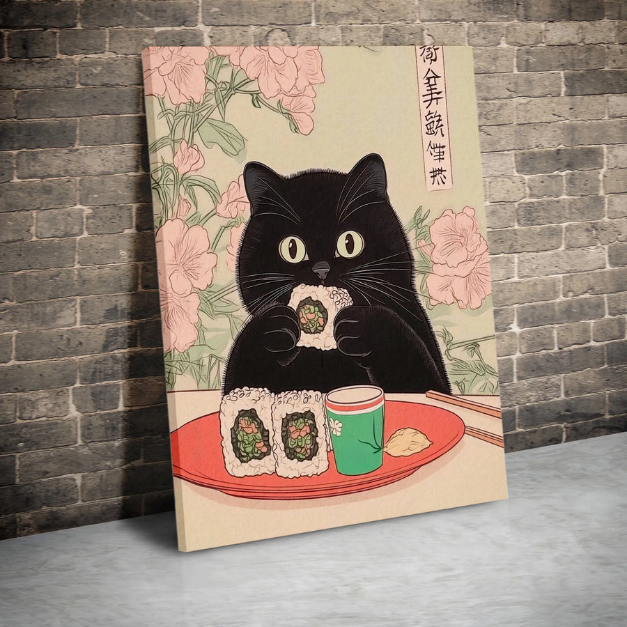 Black Cat Sushi Wall Art | Japanese Ukiyo-e Inspired Illustration | Premium Fade-Resistant Canvas | Unique Kitchen Decor Gift for Cat Lovers