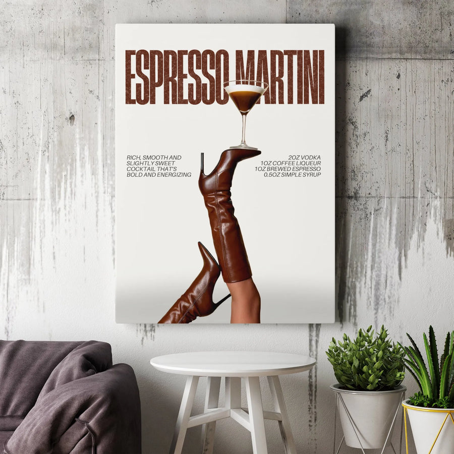 Espresso Martini Recipe Wall Art | Chic Fashion High Heel Canvas | Premium Bar Cart Decor | Aesthetic Kitchen & Cocktail Lover Gift