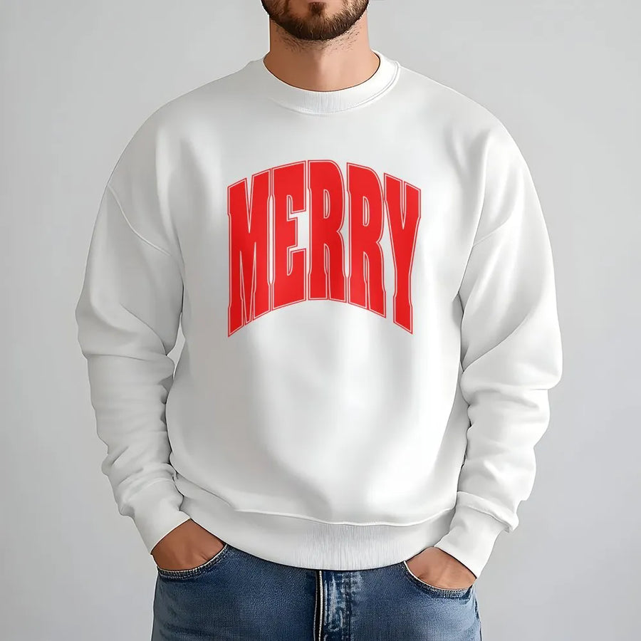 Merry Christmas Sweatshirt | Vintage Varsity Arch Lettering | Premium Cotton Blend Crewneck | Cozy Holiday Gift for Women and Men