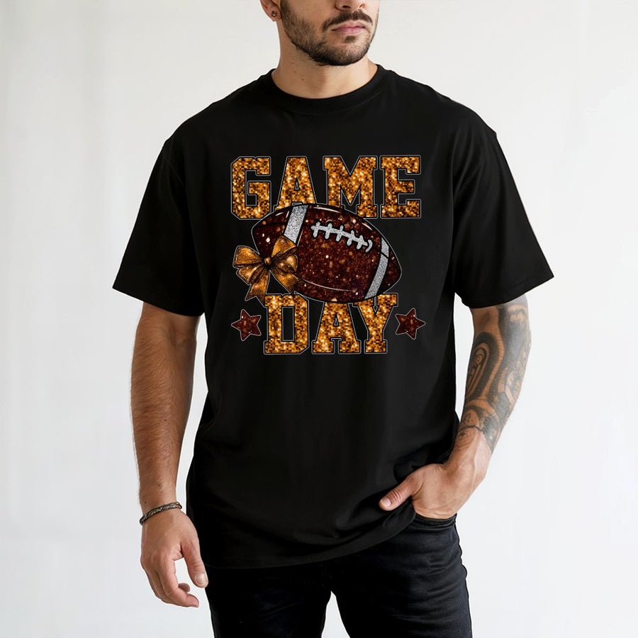 Game Day Football T-Shirt | Glitter Bow & Stars Graphic Design | 100% Cotton Premium Tee | Trendy Football Mom Apparel Gift