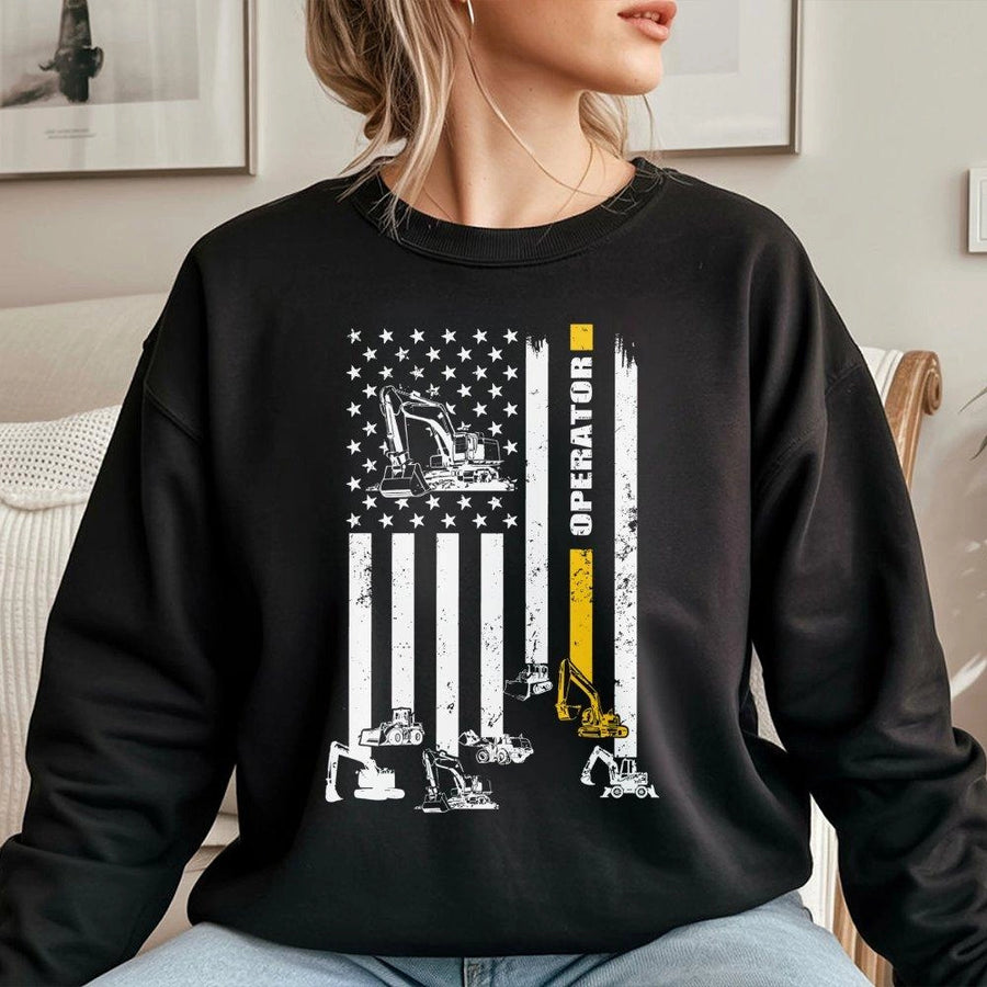 Excavator Operator Sweatshirt | Distressed American Flag Heavy Equipment Design | Premium Cotton Blend Crewneck | Construction Worker Gift For Men