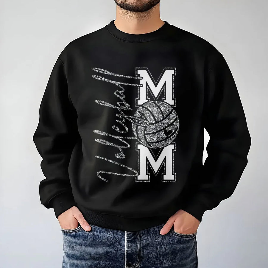 Volleyball Mom Sweatshirt | Glitter Silver Faux Sequins Design | Premium Soft Cotton Blend | Athletic Team Spirit Gift for Volleyball Players
