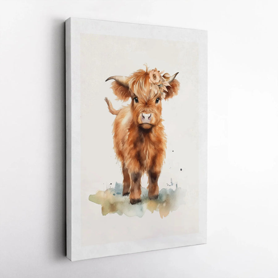 Baby Highland Cow Wall Art | Watercolor Flower Crown Print | Premium 1.25" Gallery Canvas | Farmhouse Nursery Decor Gift