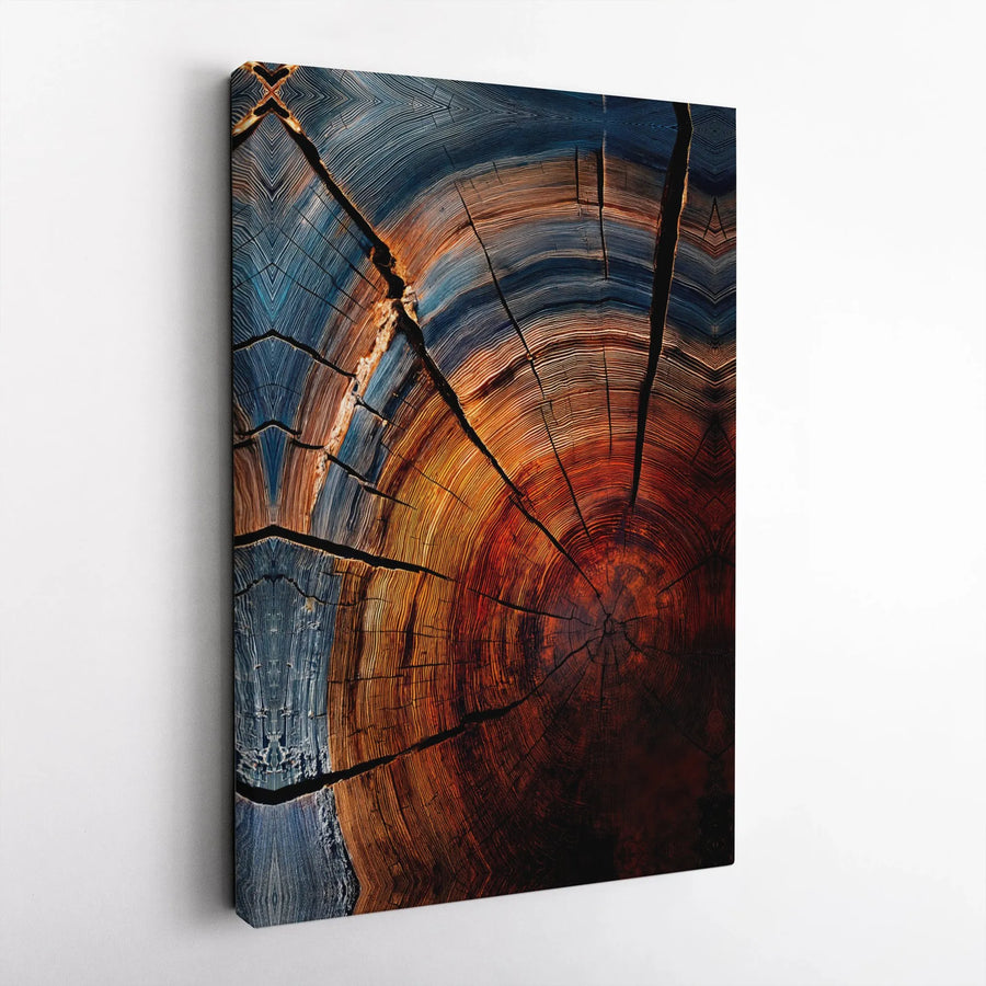 Abstract Tree Ring Canvas Print | Blue and Orange Cracked Wood Slice Design | Premium Gallery Canvas | Modern Rustic Home Decor Gift