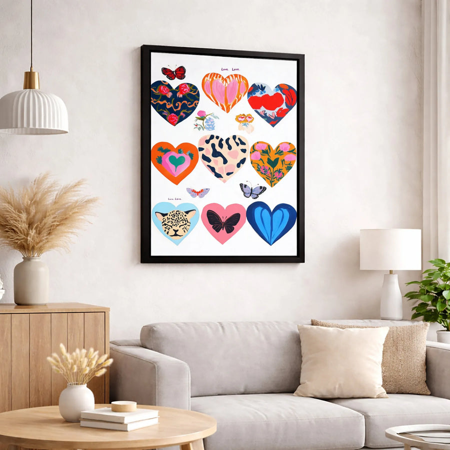 Colorful Heart Canvas Wall Art | Butterfly And Animal Print Design | Premium Fade-Resistant Gallery Wrap | Modern Home Decor Gift