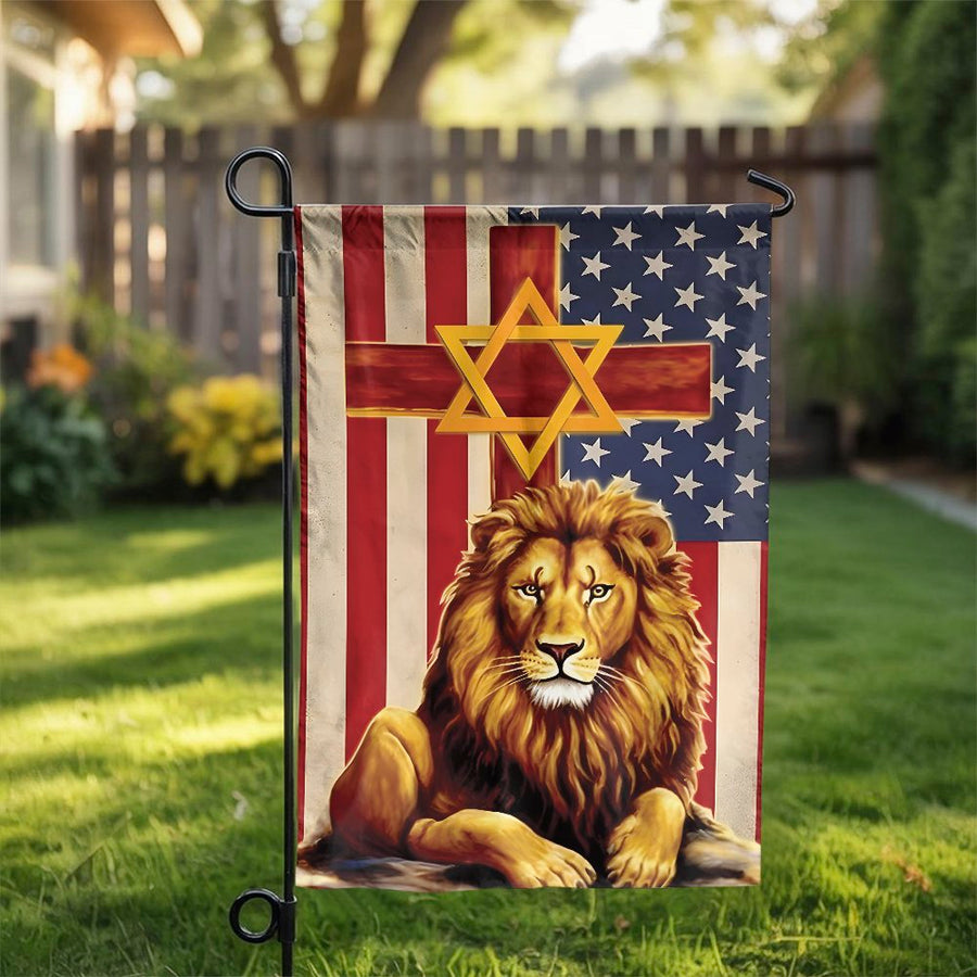 Lion of Judah American Garden Flag | Religious Cross & Star of David Patriotic Decor | Durable Weather-Resistant Polyester | Faith-Based Outdoor Yard Sign Gift