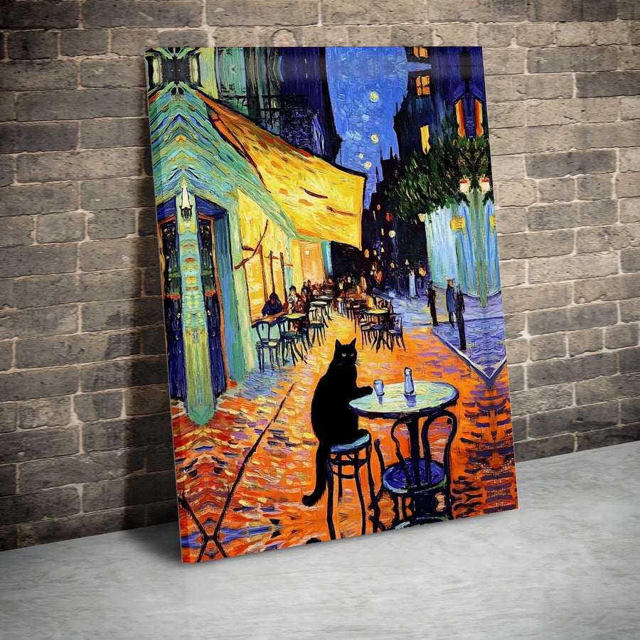 Black Cat Canvas Wall Art | Van Gogh Cafe Terrace Parody | 1.25-Inch Gallery Wrap | Whimsical Famous Painting Gift for Cat Lovers