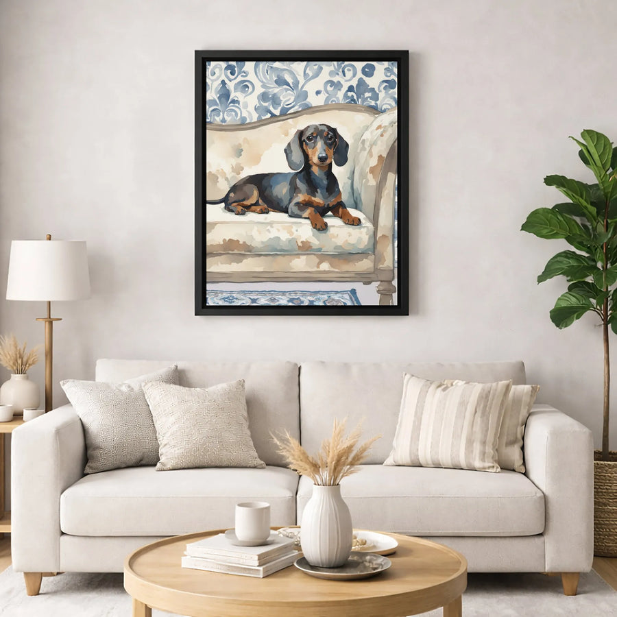 Dachshund Canvas Wall Art | Watercolor Dog On Sofa Print | Premium 1.25 Inch Gallery Wrap | Gift For Dog Lovers