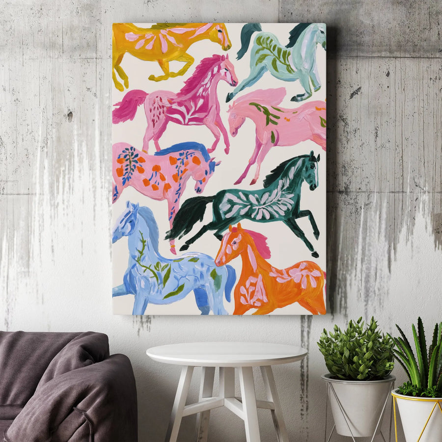 Colorful Folk Art Horse Canvas Wall Art | Whimsical Painted Horses Print | Premium Gallery Wrap Decor | Gift for Equestrian Lovers