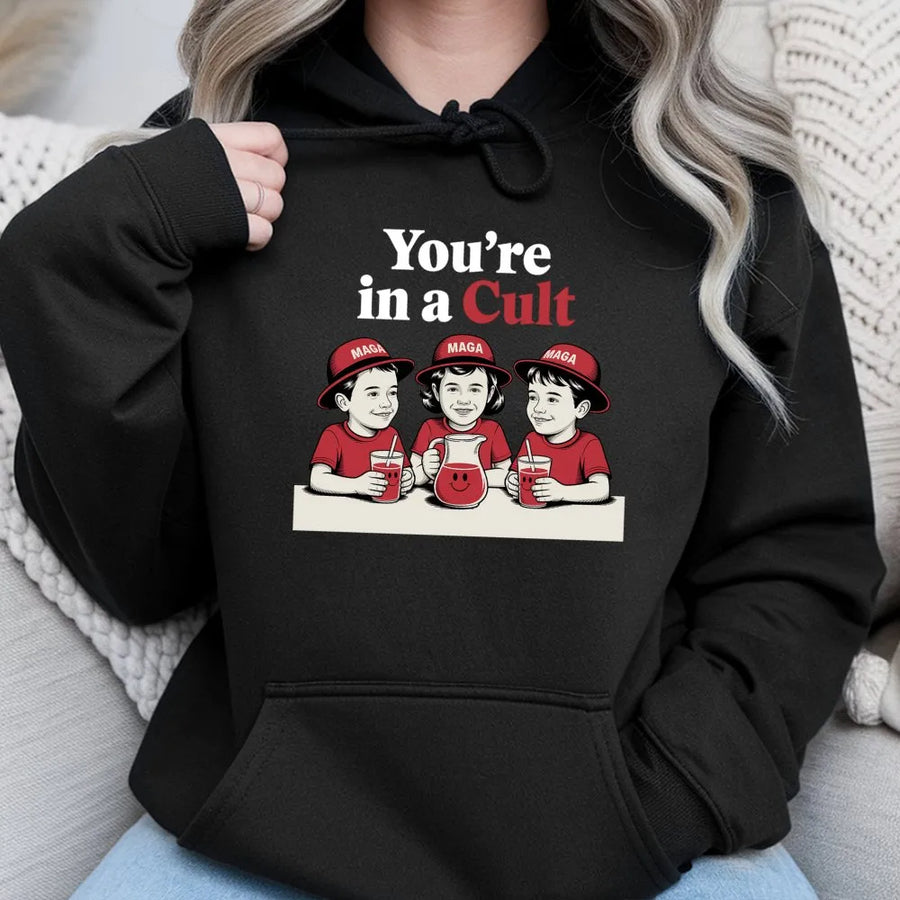 You're In A Cult Hoodie | Satire Graphic Sweatshirt | Cotton-Polyester Blend | Funny Liberal Gift For Democrats And Activists