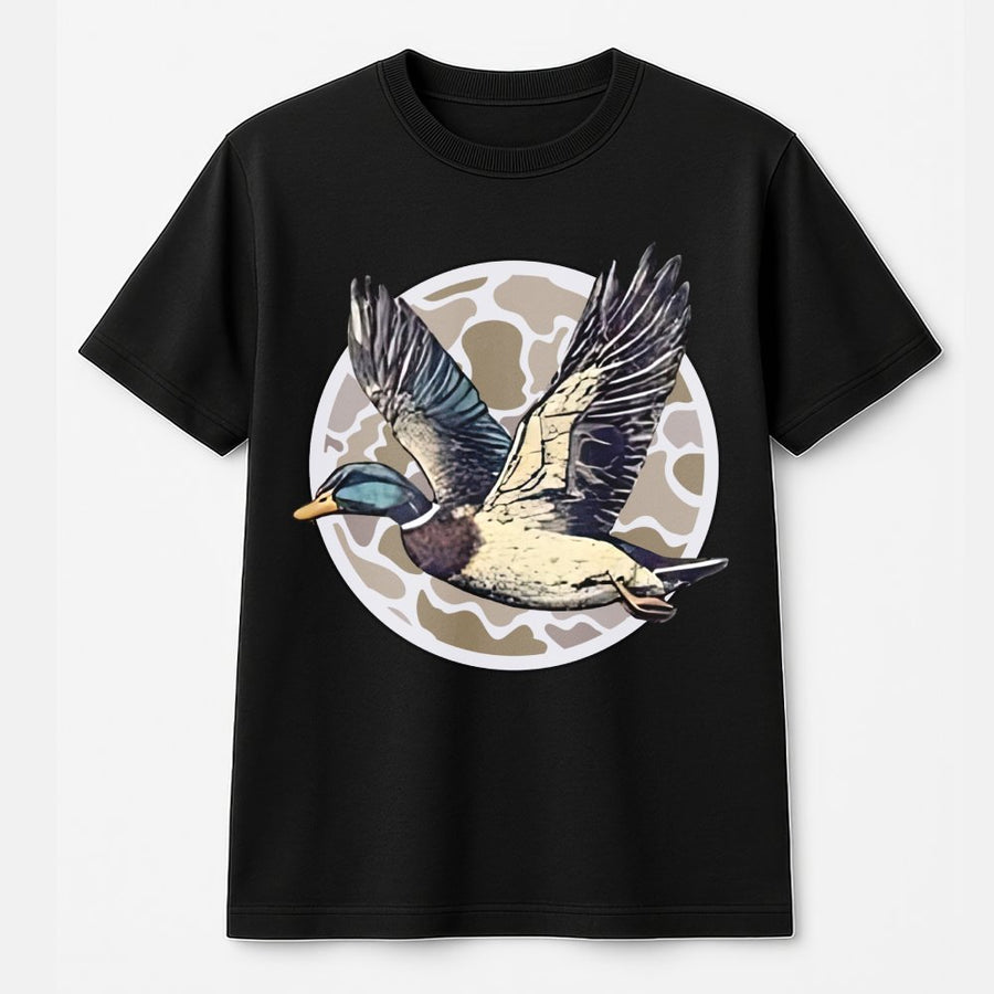 Mallard Duck Hunting T-Shirt | Retro Camo Circle Graphic | 100% Premium Cotton Tee | Gift for Waterfowl Hunter and Outdoorsman